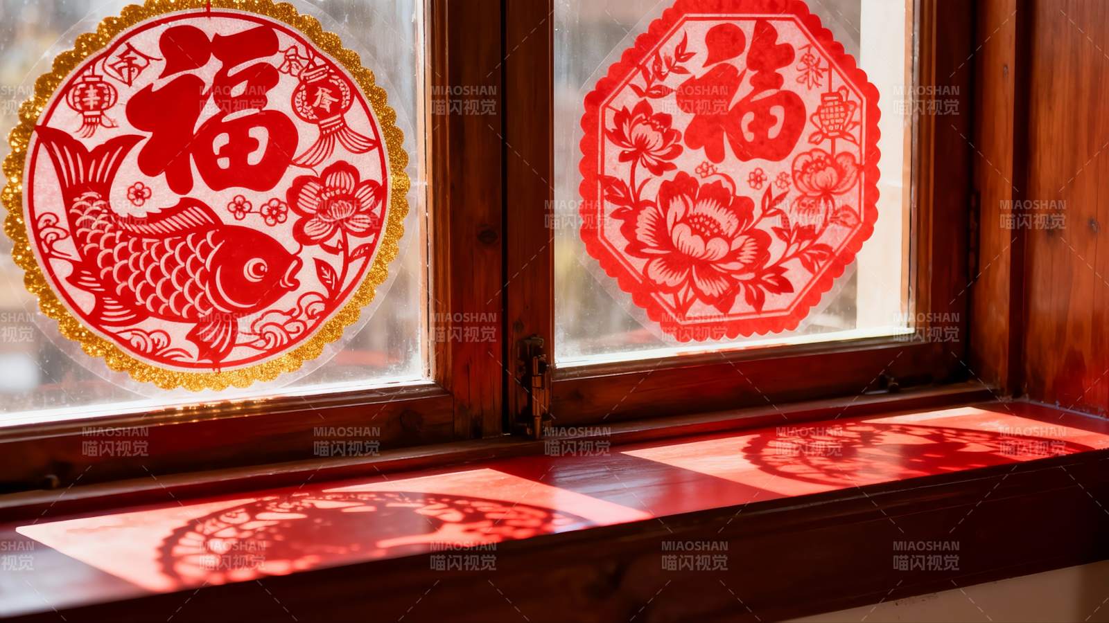 窗上贴福字剪纸迎新年图片