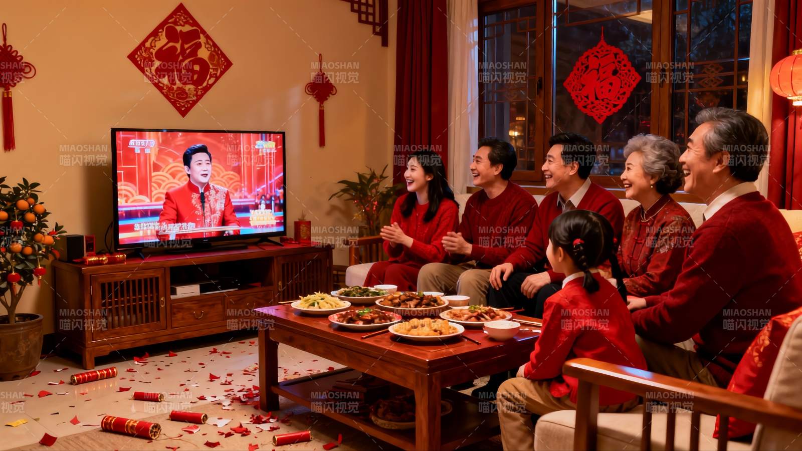 春节家庭团聚看电视图片
