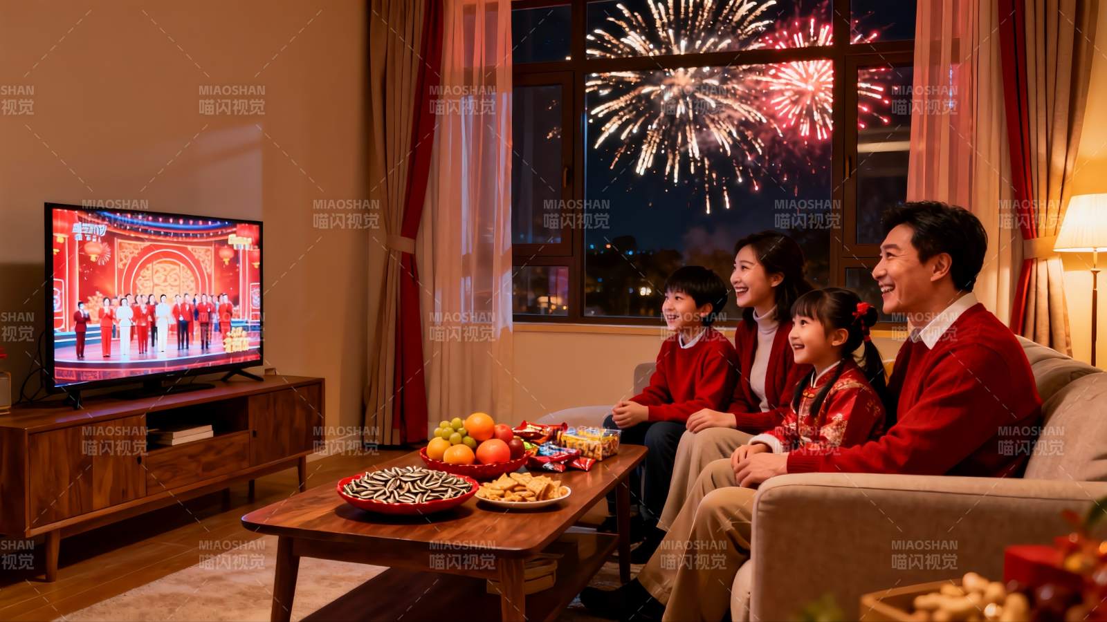 全家观看春晚赏烟花图片