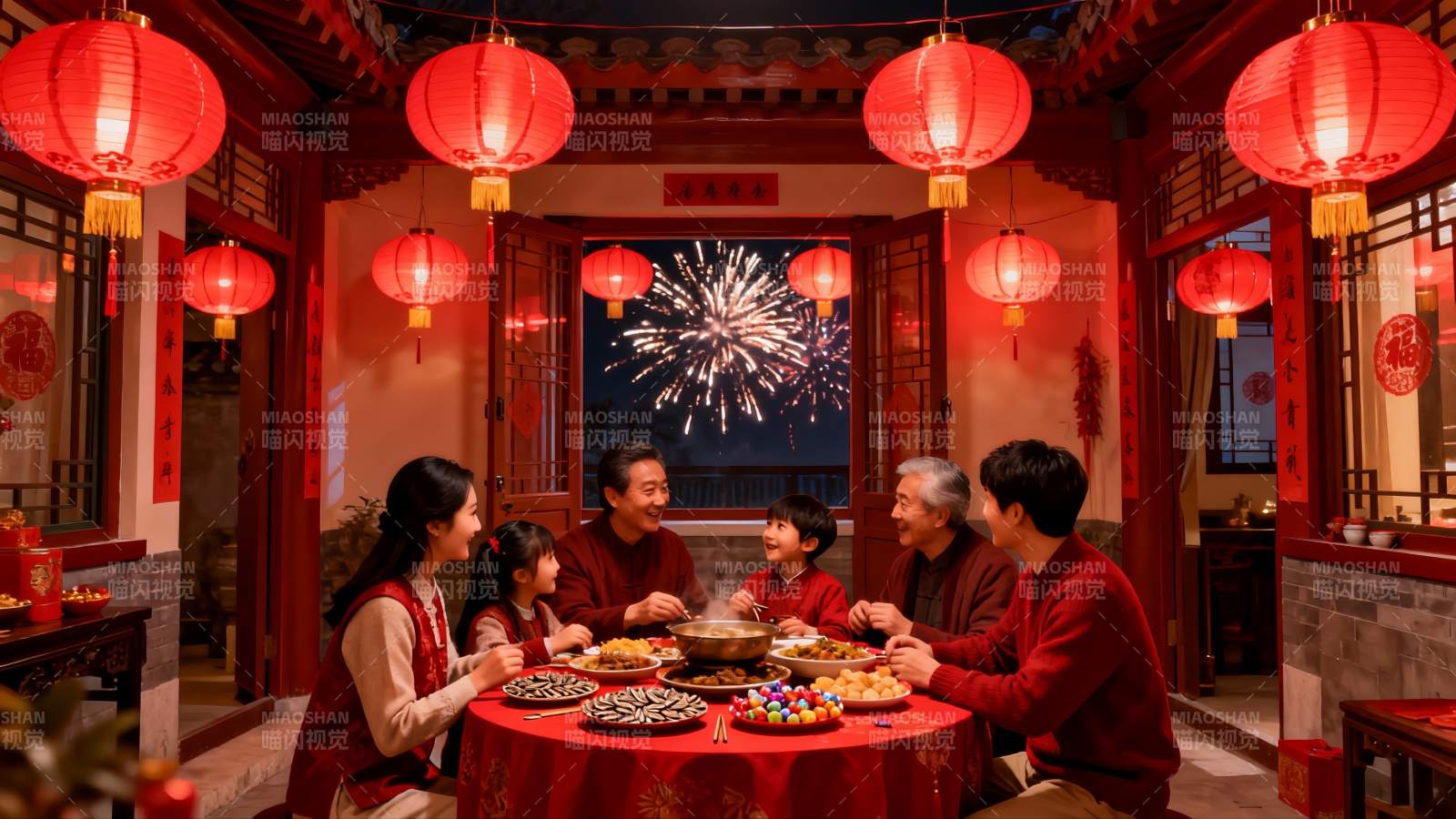 春节家庭聚餐欢庆烟花绽放图片