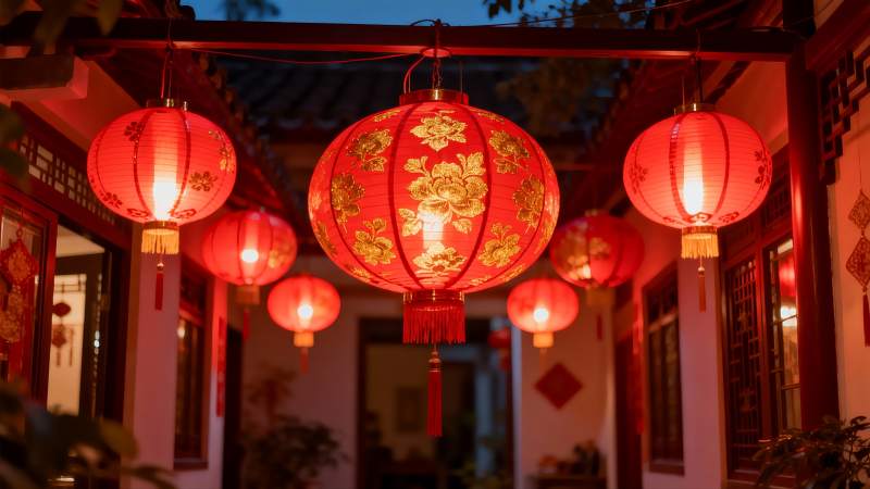 夜幕下古建筑红灯笼高挂图片