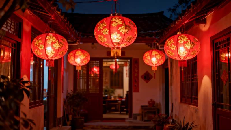 夜色庭院红灯笼高挂图片