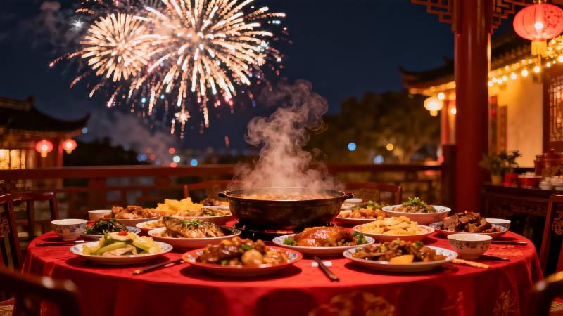 夜宴烟花璀璨美食丰盛图片