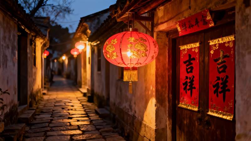 夜色古巷红灯笼高挂图片
