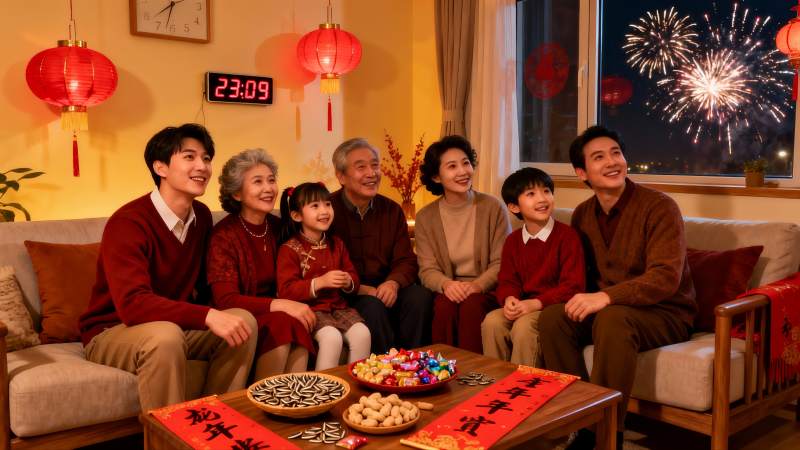 家庭欢聚夜放烟花共庆佳节图片