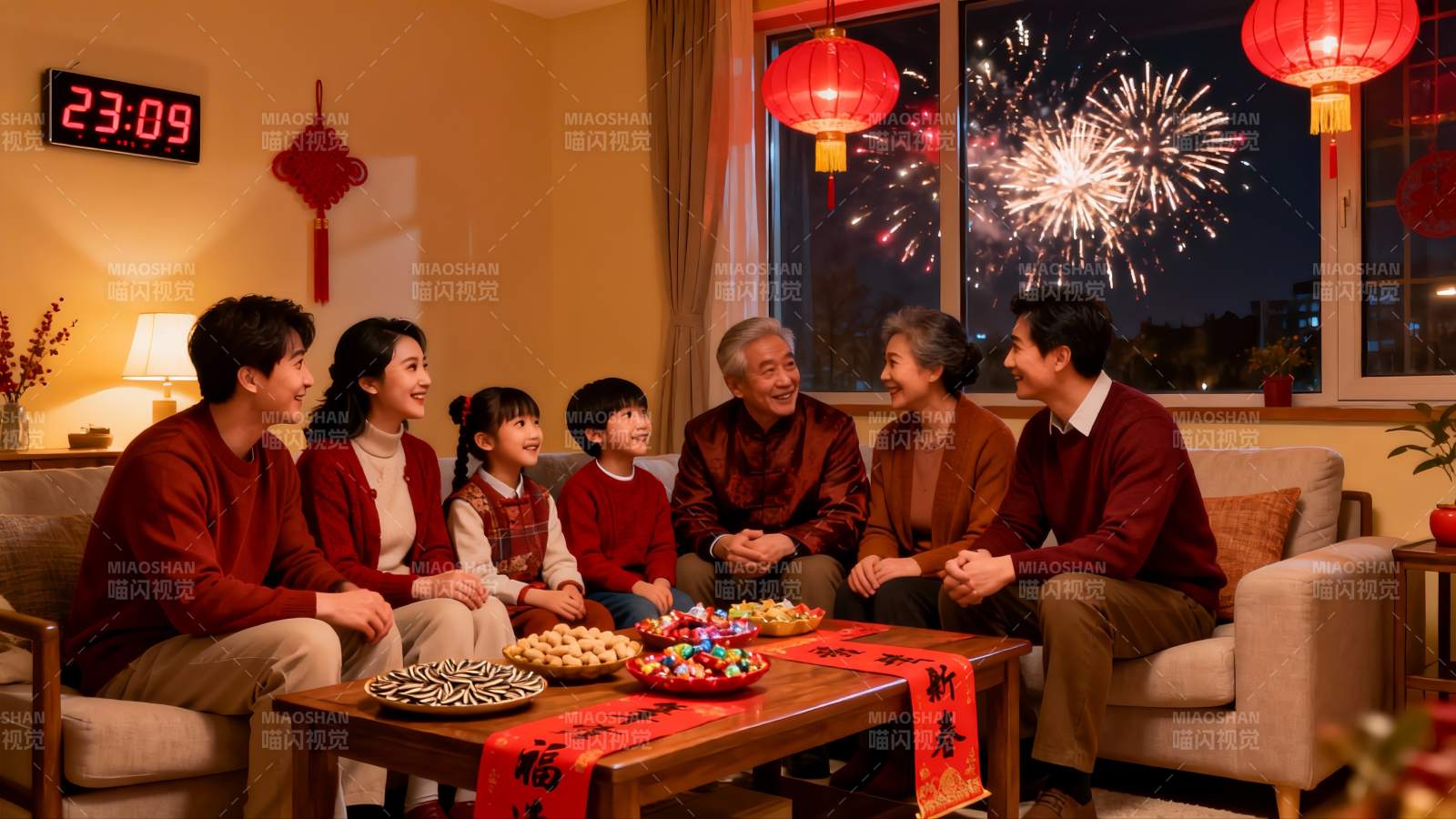 家庭欢聚赏烟花迎新春图片