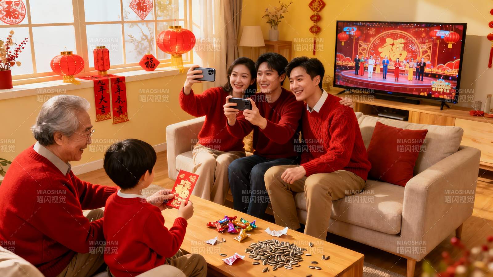 春节家庭团聚客厅自拍图片