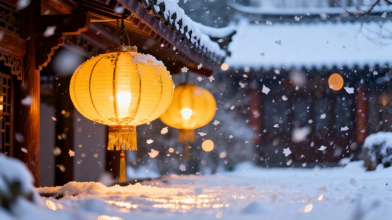 雪夜古建筑灯笼光影图片