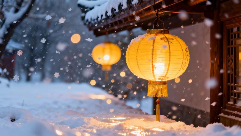 雪夜灯笼映古建筑图片