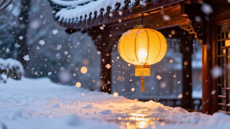 雪夜古建筑灯笼光影图片