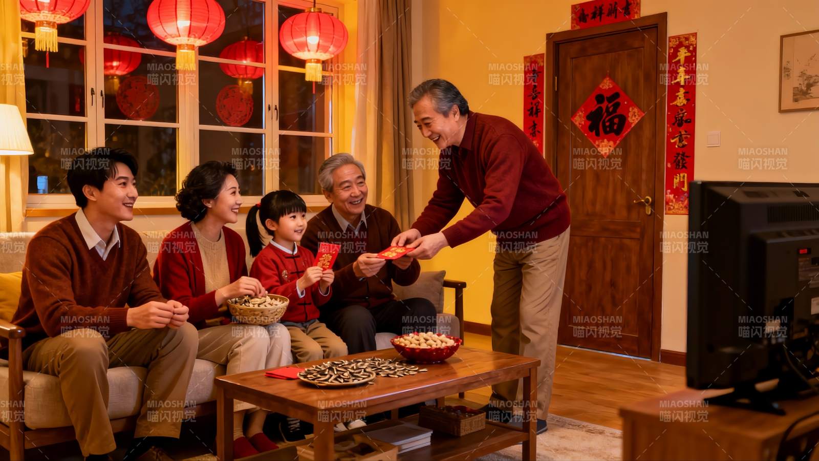 春节家庭团聚长辈发红包图片