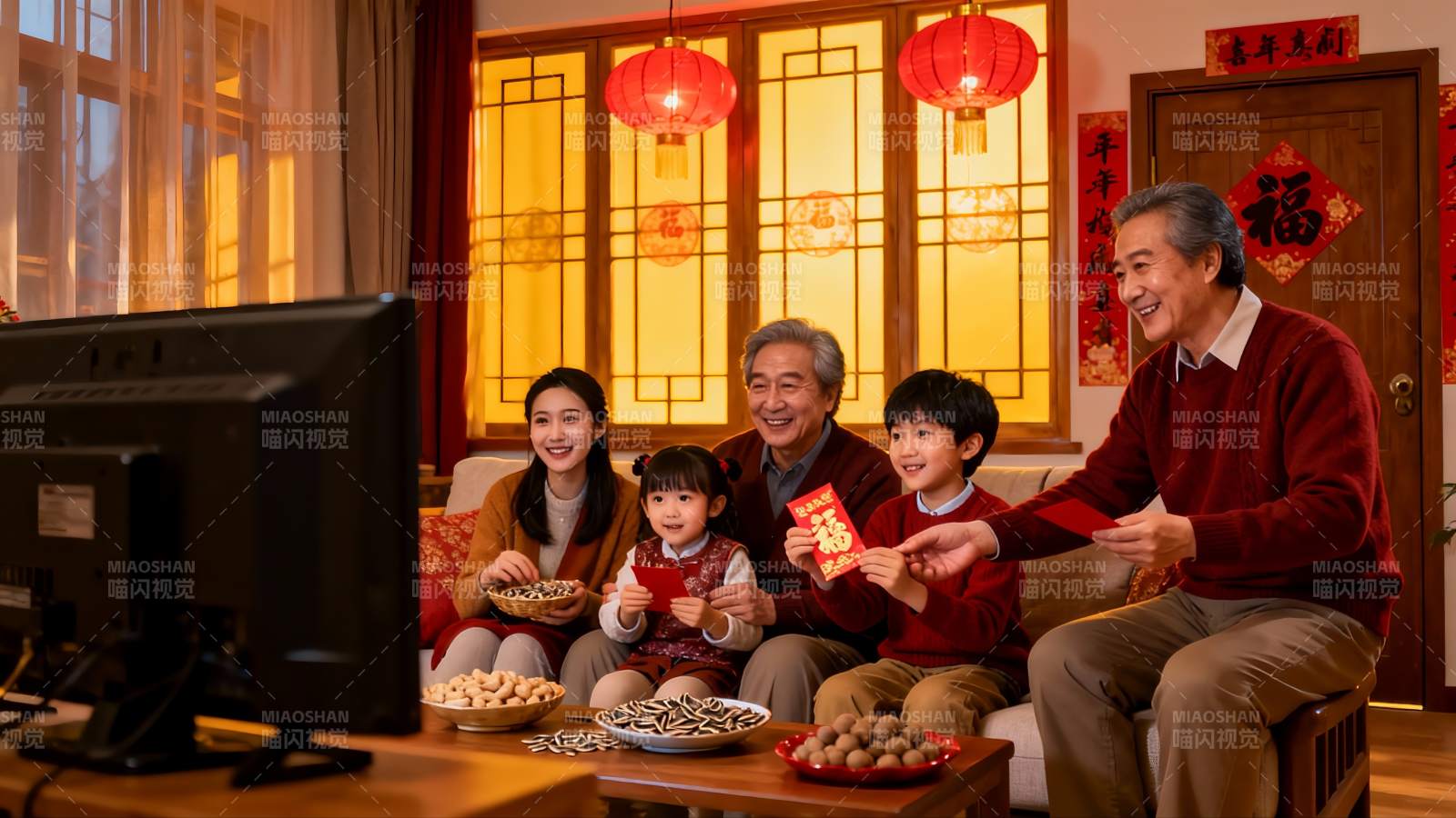 春节家庭团聚长辈发红包图片