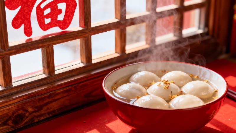 热气腾腾的汤圆配窗花图片