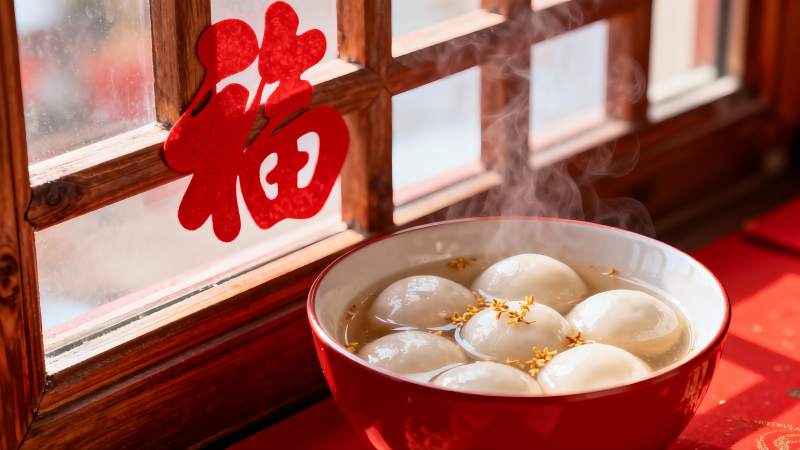 窗边热气腾腾的汤圆图片