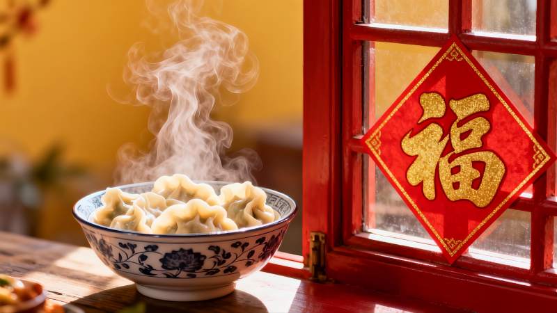 热气腾腾的饺子窗边福字图片