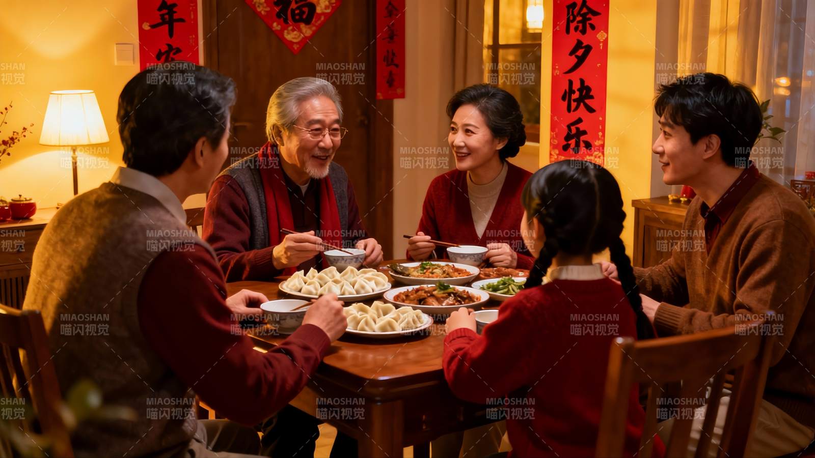 家庭除夕夜团圆饭温馨场景图片