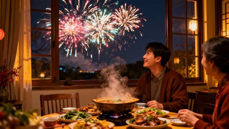 年夜饭窗外烟花绽放图片