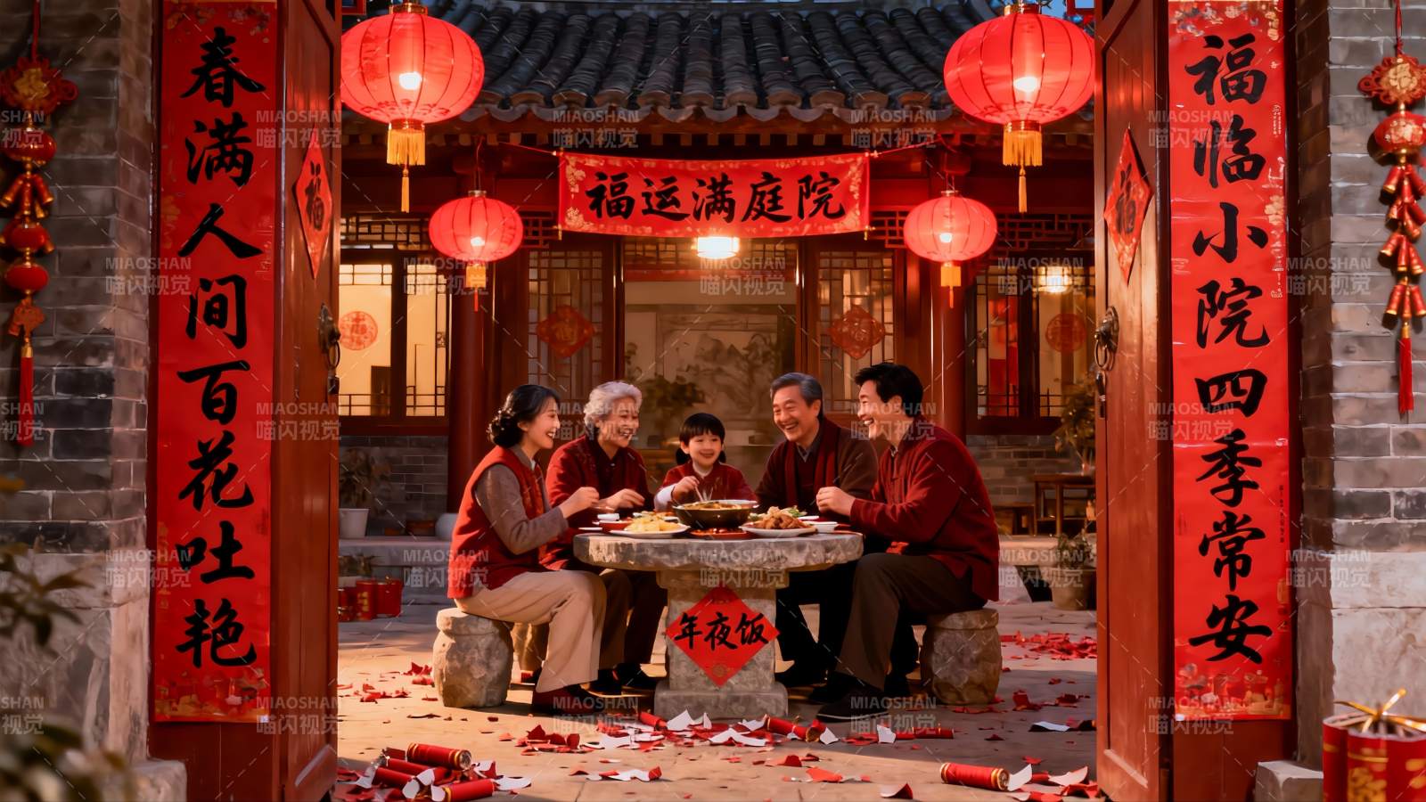 春节家庭团聚庭院年夜饭图片