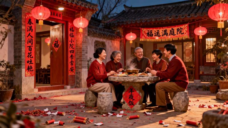 除夕夜庭院团圆饭图片