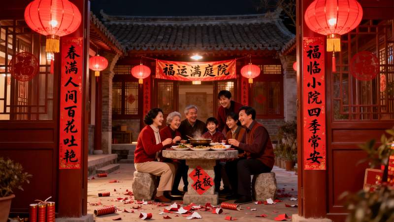 除夕夜家人围坐庭院吃年夜饭图片