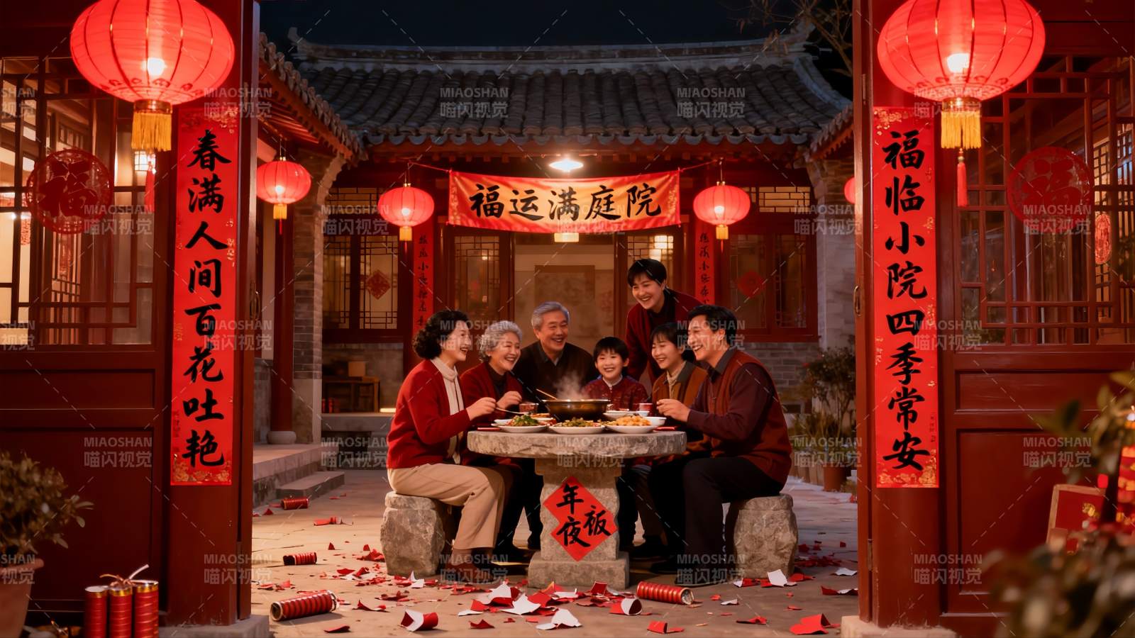 除夕夜家人围坐庭院吃年夜饭图片