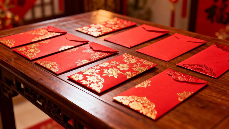 红色红包摆放在木质桌子上图片