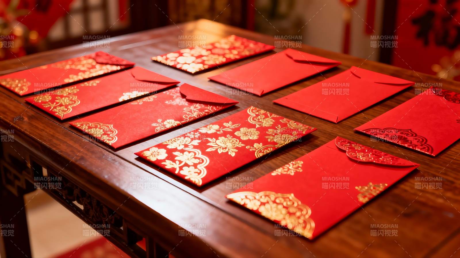 红色红包摆放在木质桌子上图片