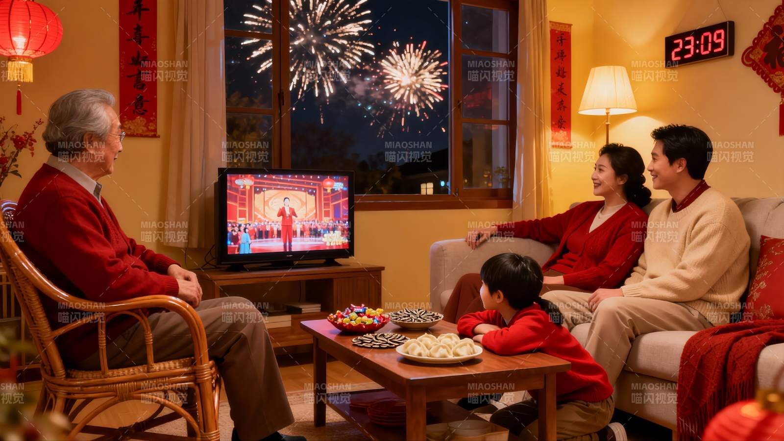 除夕夜家人团聚看春晚图片
