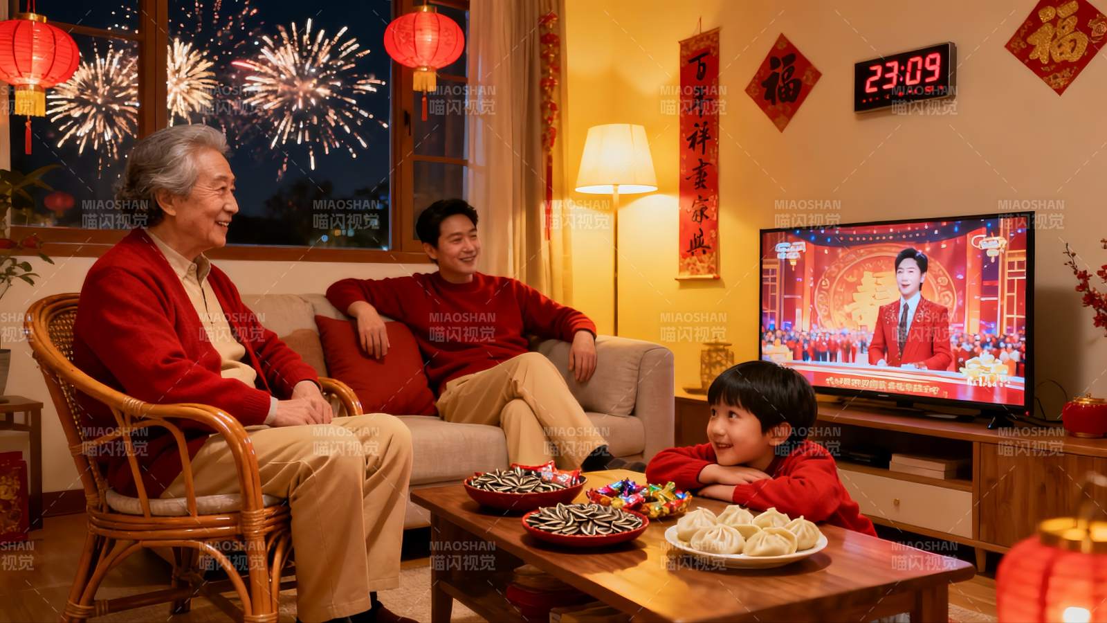 除夕夜家人团聚看春晚图片