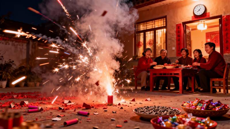 除夕夜庭院烟花家人团聚图片