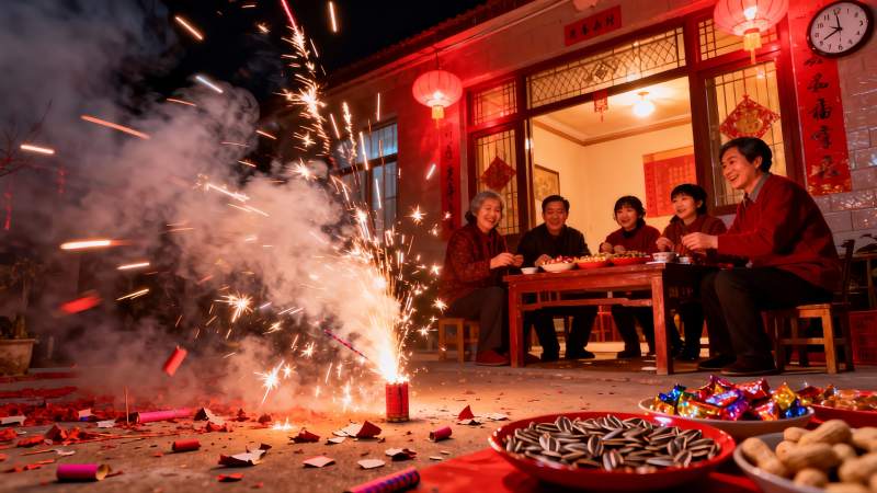 除夕夜家人围坐庭院燃放烟花图片
