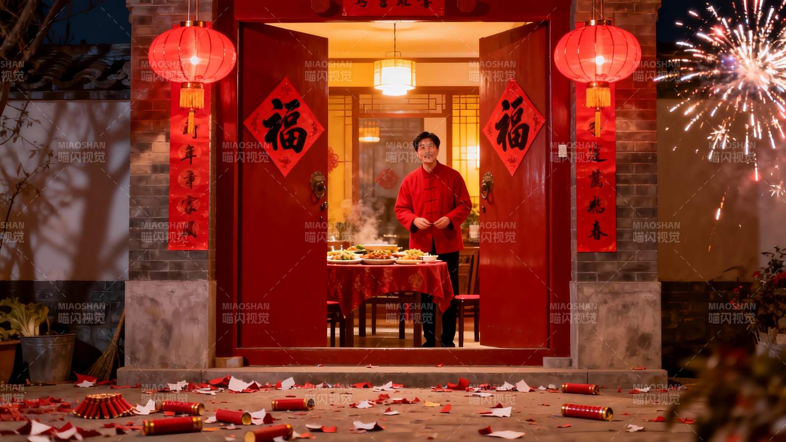 除夕夜庭院烟花庆团圆图片