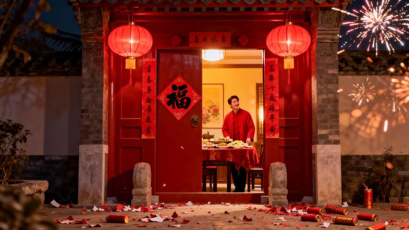 除夕夜庭院灯火通明家人团聚图片