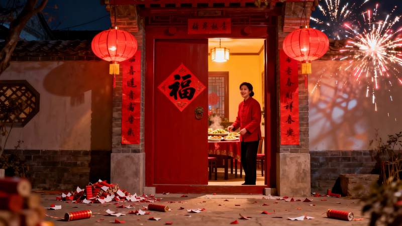 除夕夜庭院烟花绽放家人团聚图片