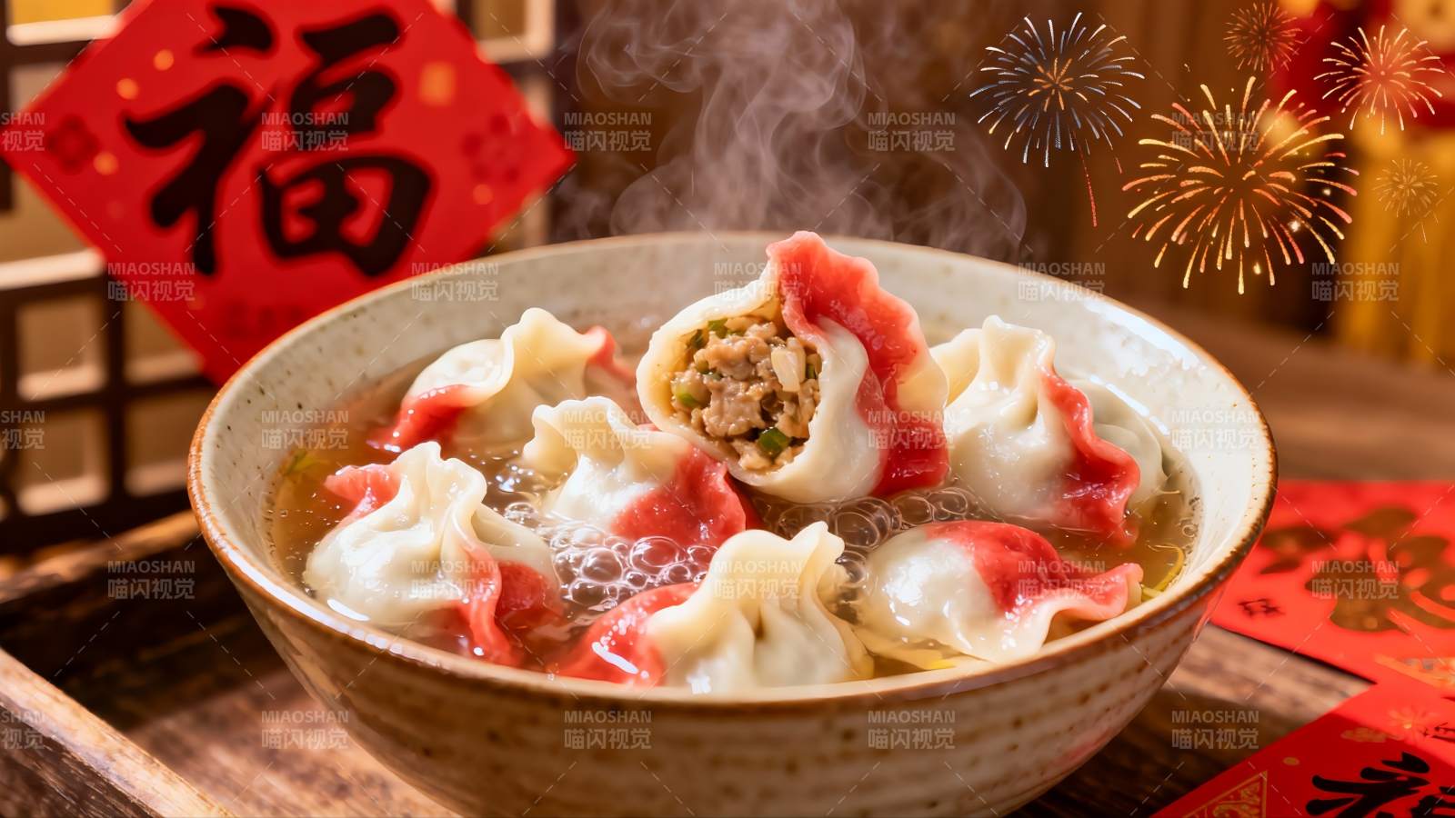 热气腾腾的饺子配新年装饰图片