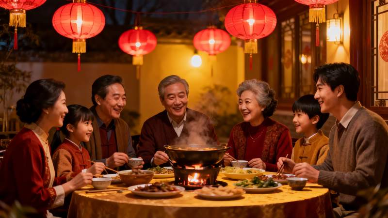 家庭围坐火锅团圆饭图片