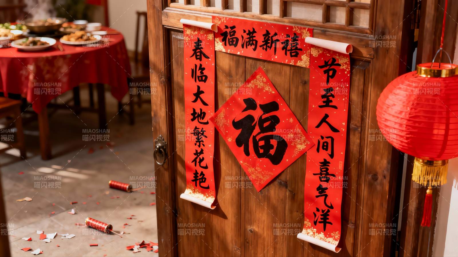春节装饰木门与餐桌场景图片