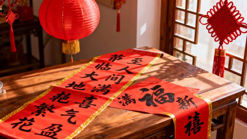春节室内装饰红灯笼对联图片