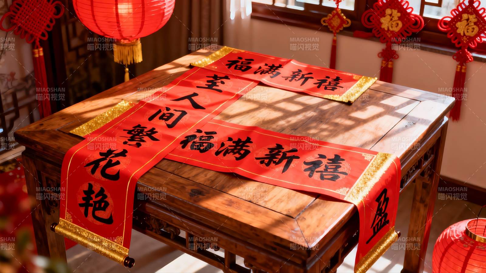 春节室内装饰红灯笼与对联图片