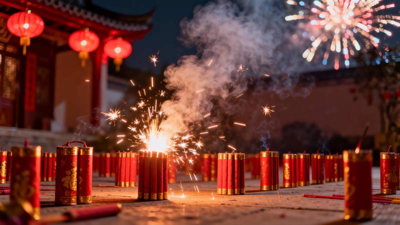 夜景烟花鞭炮齐放喜庆氛围图片