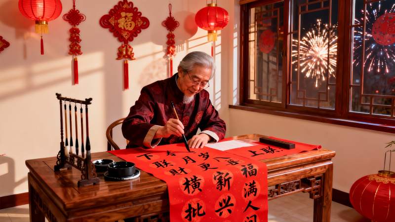 老人室内书写春联庆祝节日图片