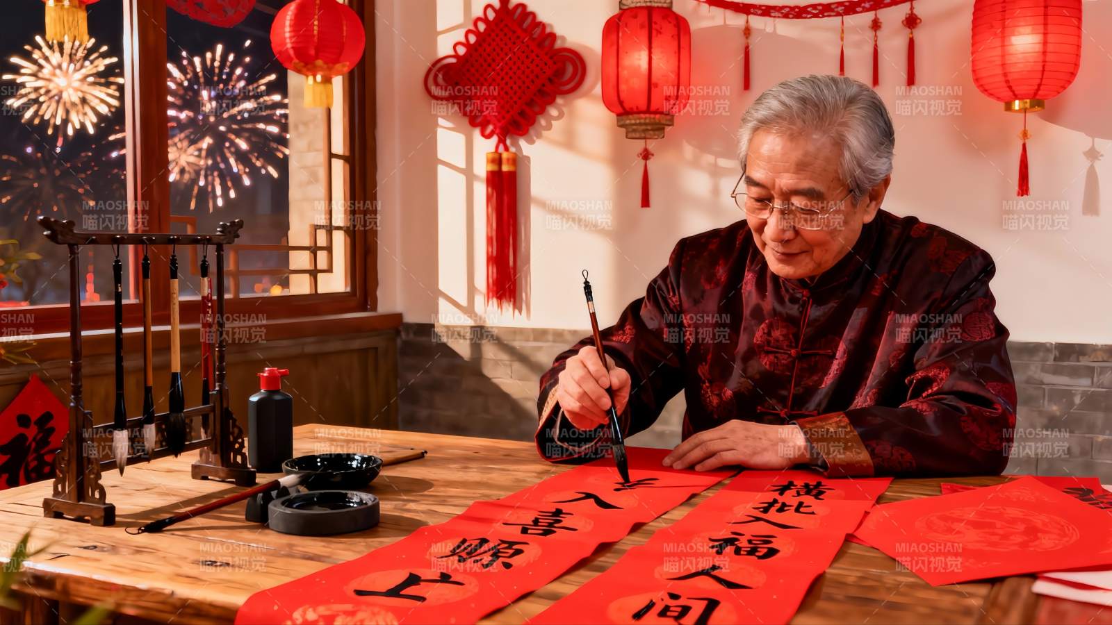 老人春节写春联图片