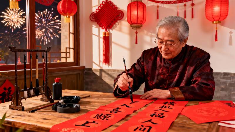老人春节写春联图片
