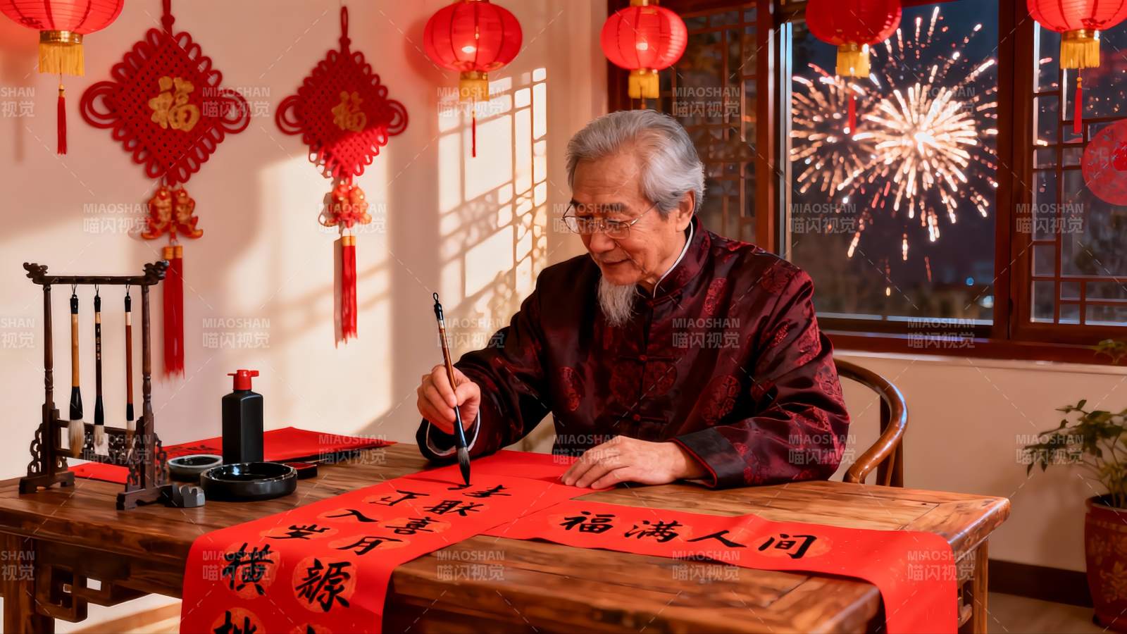 老人春节书写春联庆祝佳节图片