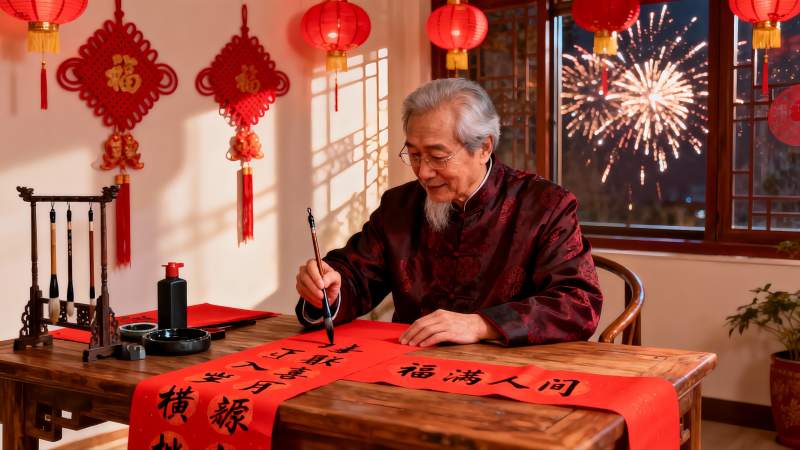 老人春节书写春联庆祝佳节图片