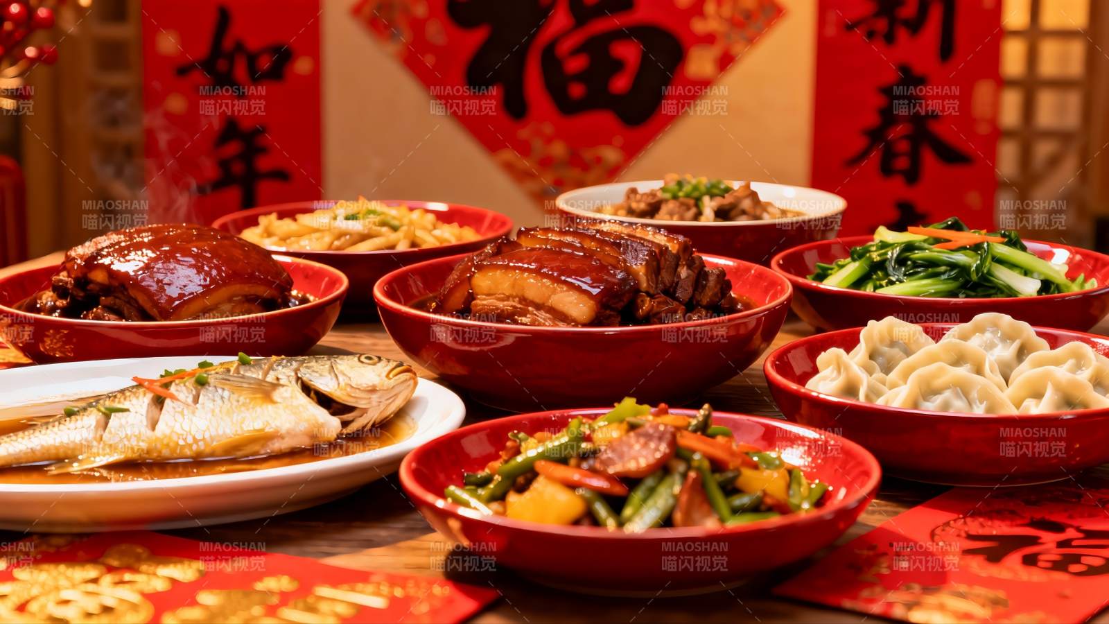 春节团圆饭丰盛菜肴摆盘图片