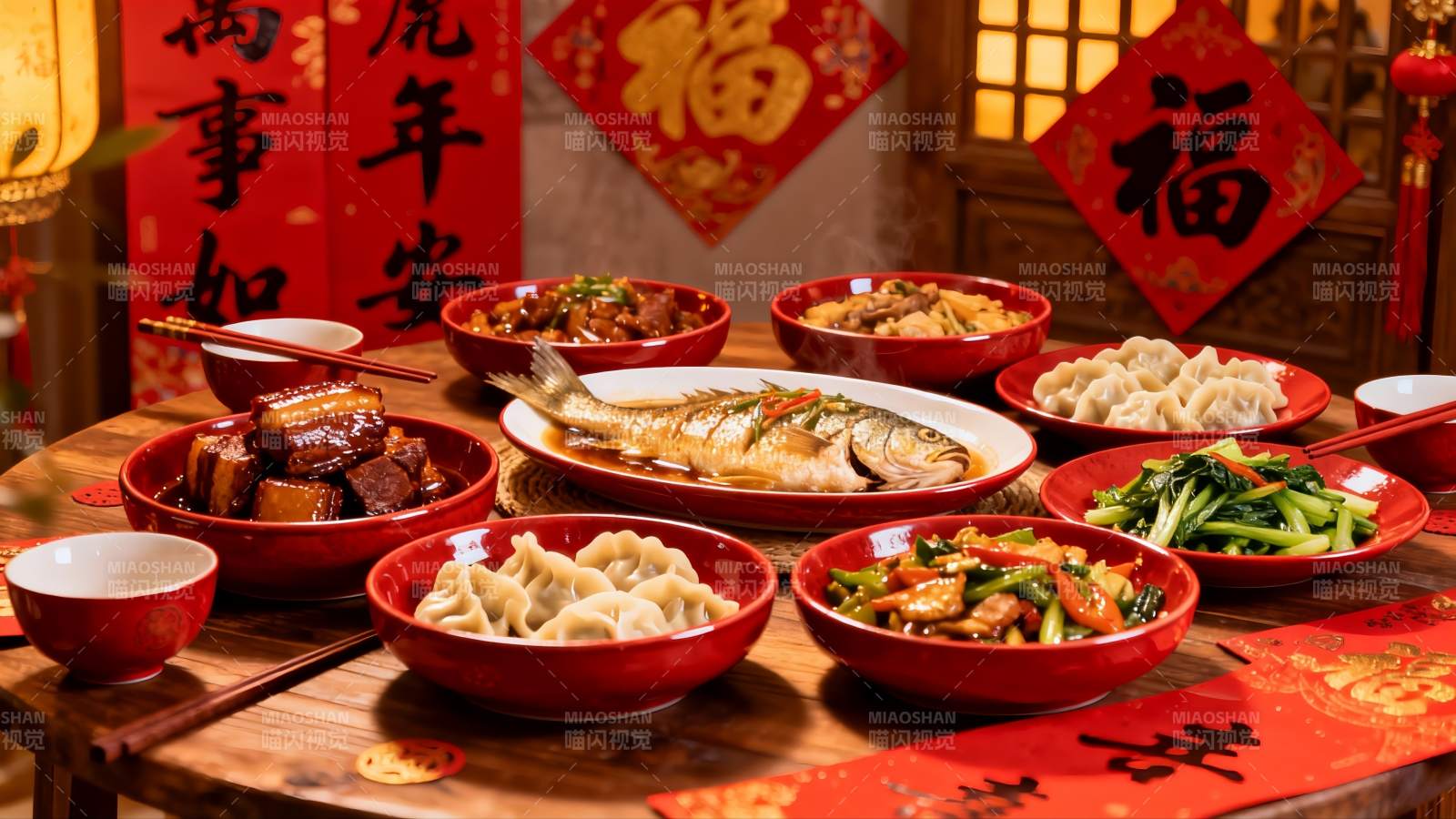 春节团圆饭丰盛菜肴摆满桌图片