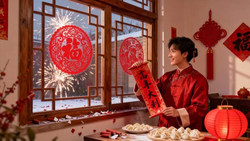 新年室内庆典男子手持春联图片