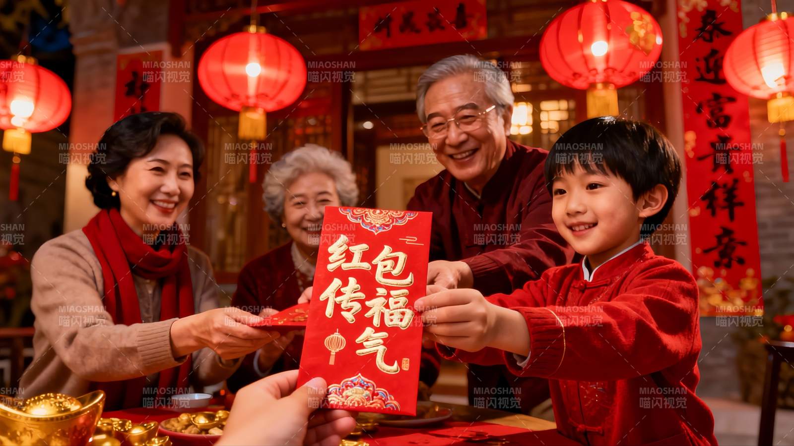 春节家庭团聚红包传递温馨图片