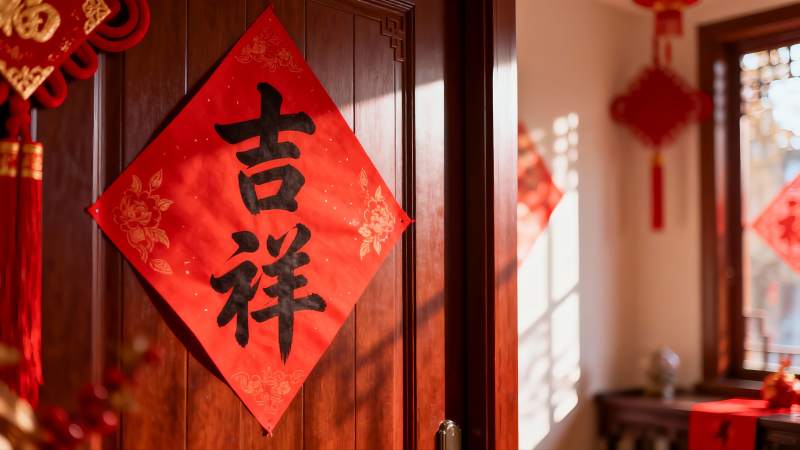 春节装饰的红色门图片